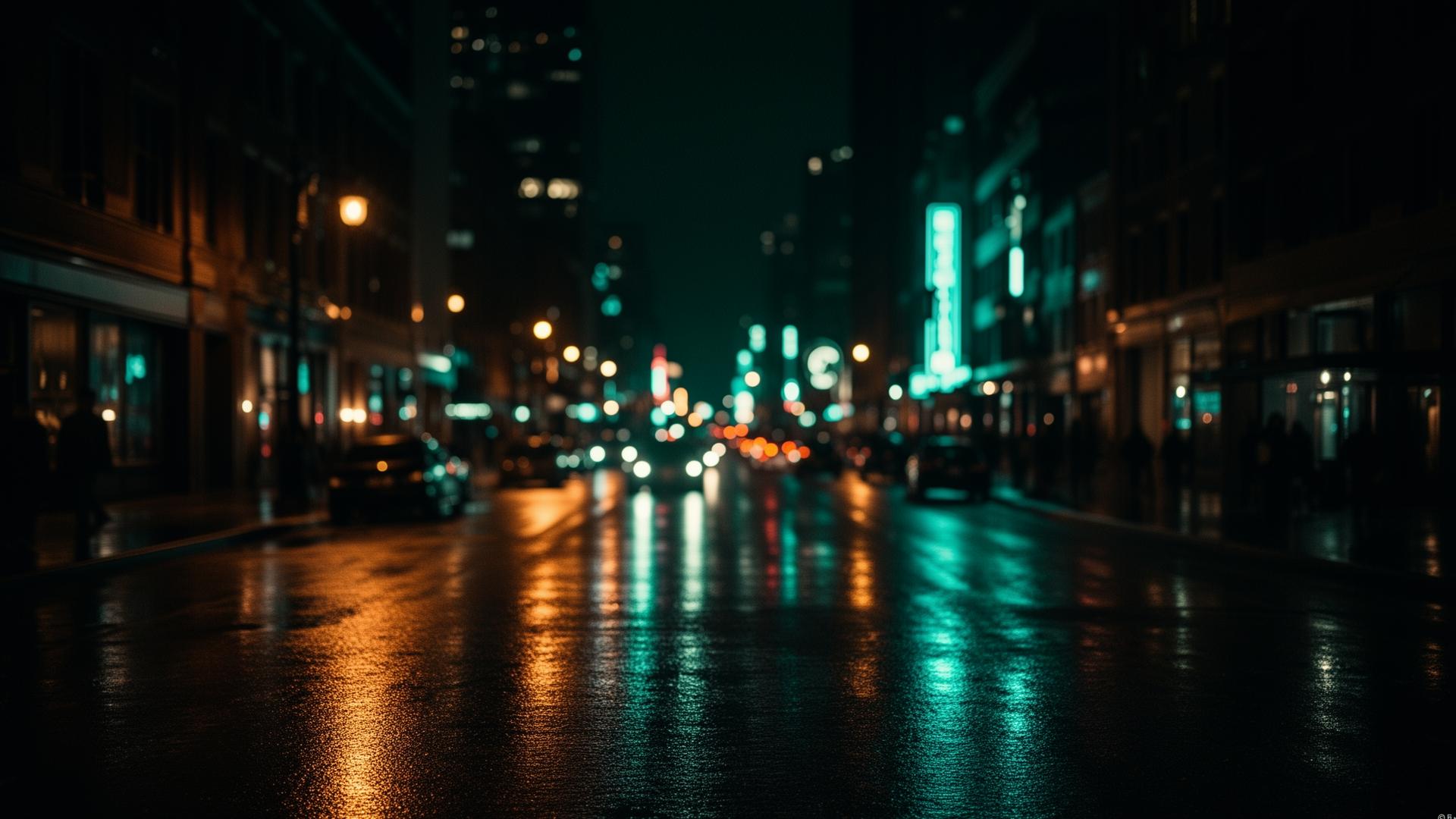 Neon-lit city street at night